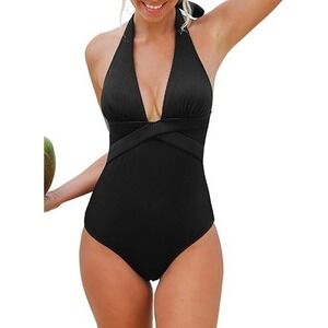 Halter One‎ Piece Swimsuit Criss Cross Front Bathing Suit Black